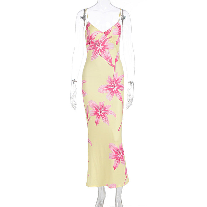 Damen Elegantes Blumenmaxikleid mit feinen Spaghettiträgern und figurbetontem Schnitt Drune