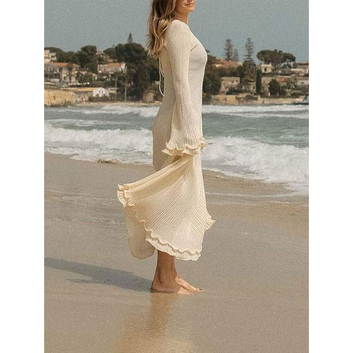 Damen Geripptes Maxikleid mit langen Ärmeln, Volantmanschetten und Rüschenabschluss Drune