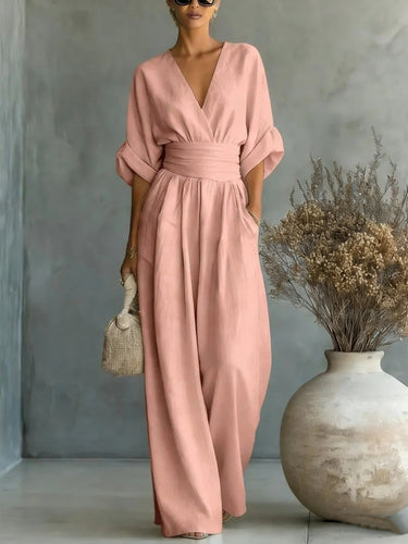 Drune | Eleganter Ärmelloser Jumpsuit mit Tiefem V-Ausschnitt, Taillenbund und Weitem Bein