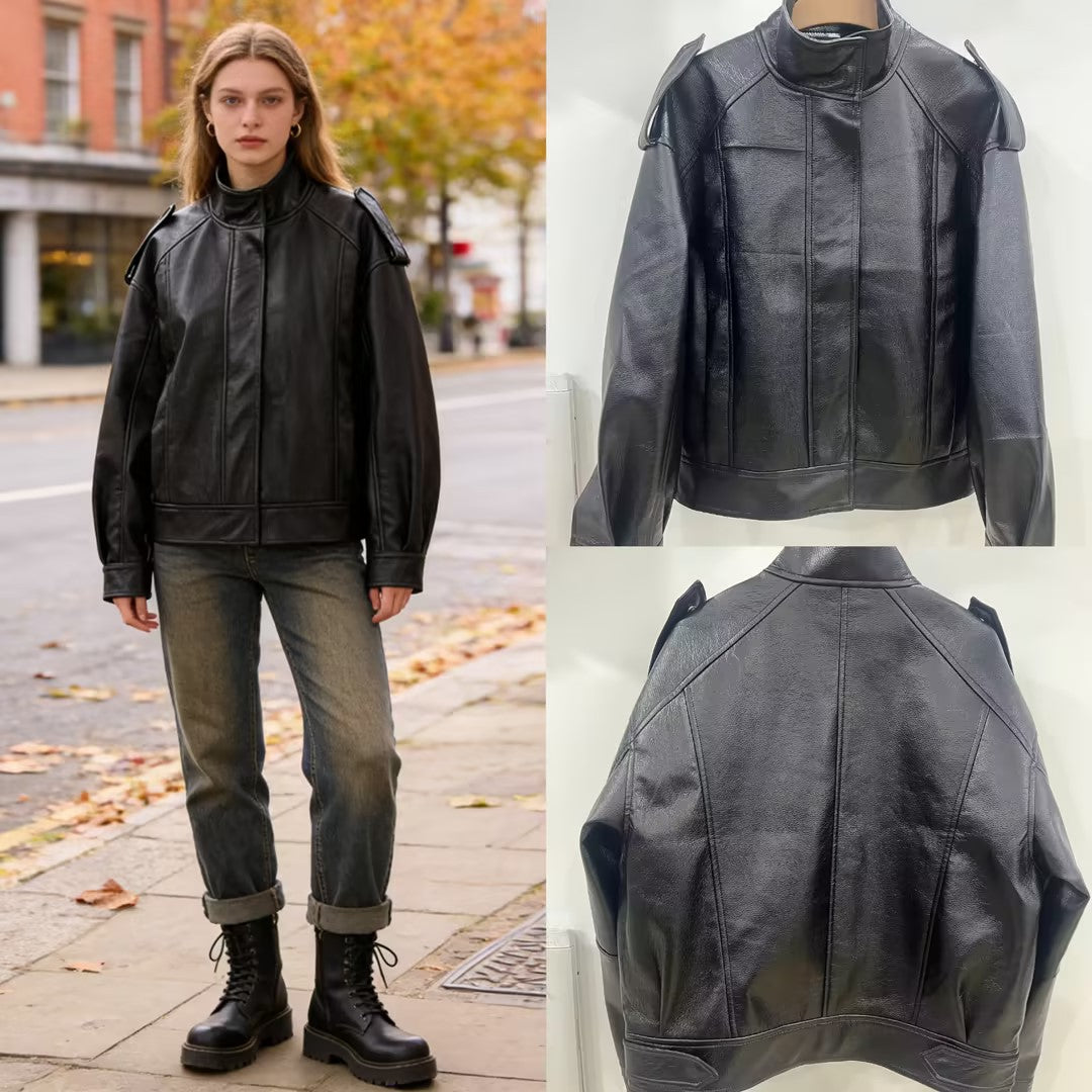 Damen Oversize-Lederjacke mit Cut-Out-Schulter, Stehkragen und strukturierten Nähten Drune