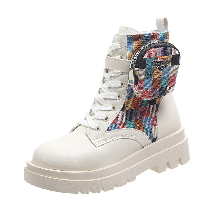 Damen modische Schnürstiefeletten mit buntem Riemendesign und praktischer Seitentasche Drune
