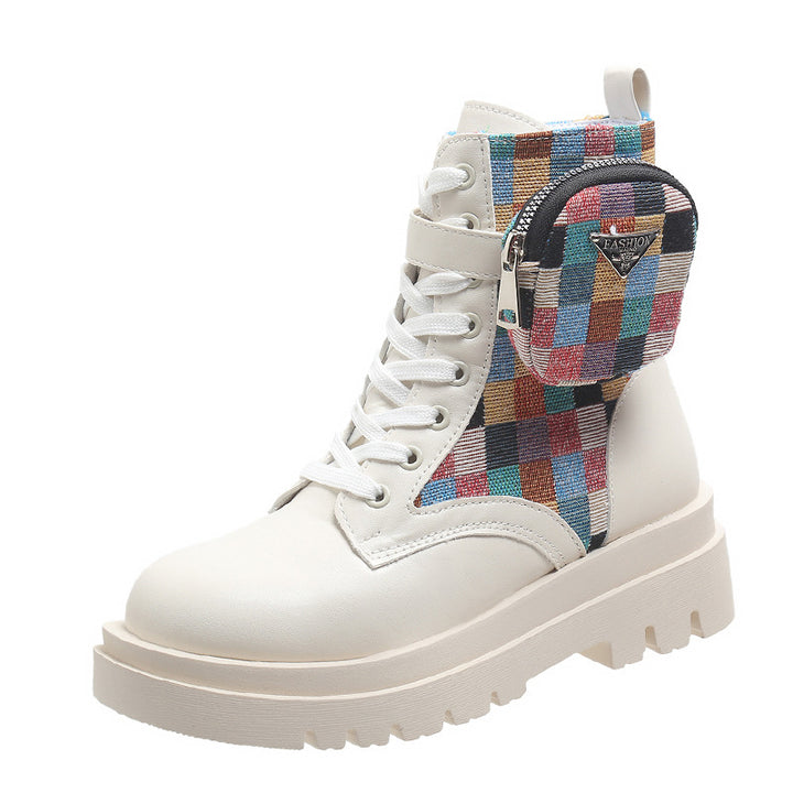 Damen modische Schnürstiefeletten mit buntem Riemendesign und praktischer Seitentasche Drune
