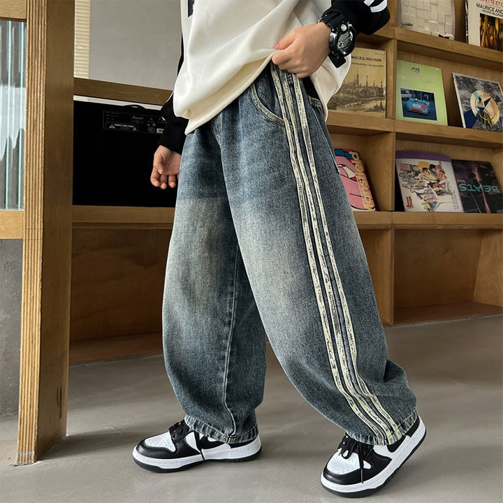 Unisex lässige Baggy-Jeans mit seitlichen Streifen Drune
