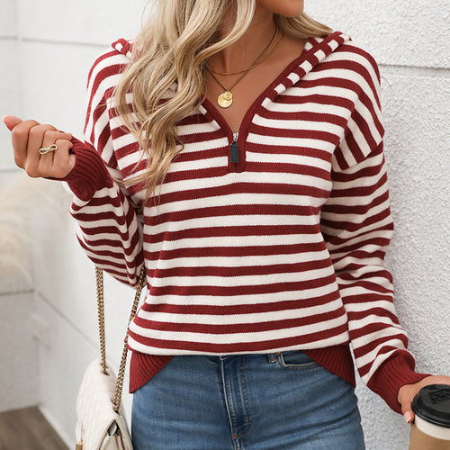 Damen Modischer Strickpullover mit Kapuze und halbem Reißverschluss Drune