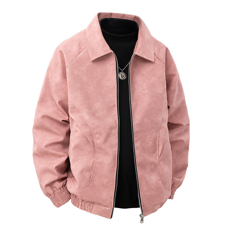 Herren Veloursleder‑Optik Zipjacke im Retro‑Blouson‑Stil mit Kentkragen und elastischem Saum Drune