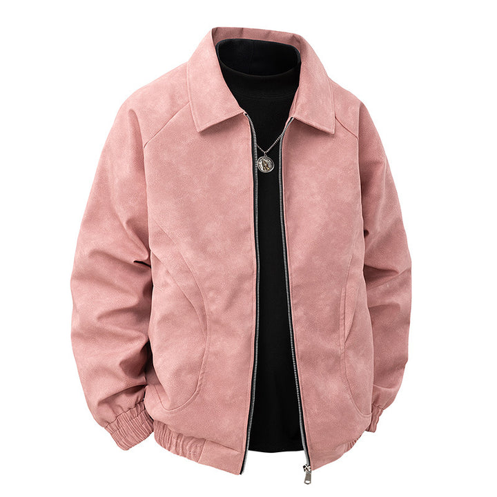Herren Veloursleder‑Optik Zipjacke im Retro‑Blouson‑Stil mit Kentkragen und elastischem Saum Drune