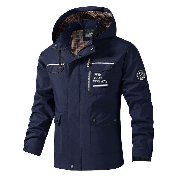 Herren Atmungsaktive wasserabweisende Kapuzen-Outdoorjacke mit kariertem Innenfutter, Multifunktions-Taschen & verstellbarer Kapuze Drune