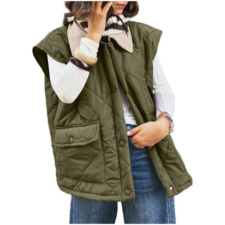 Damen Oversize Steppweste mit Druckknopf-Taschen und hohem Kragen Drune