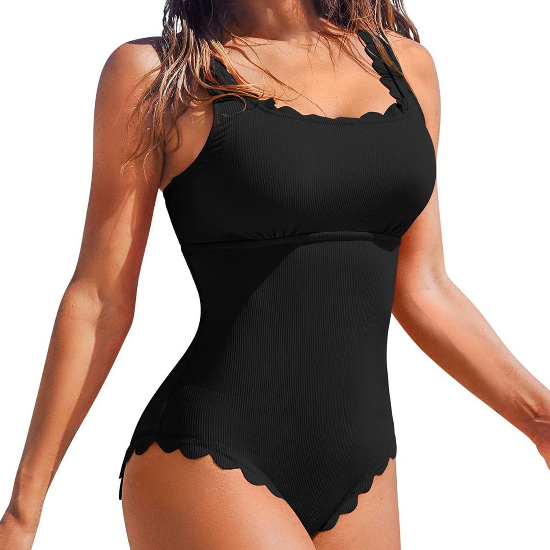 Damen Eleganter Einteiler Badeanzug mit Wellenkante und elastischem Bund Drune