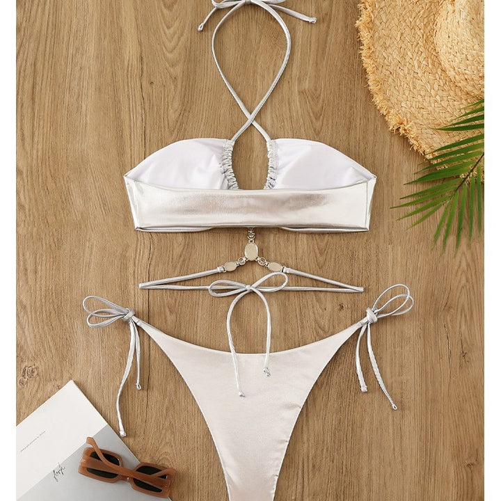 Damen Glänzender Bikini mit Neckholder-Design Drune