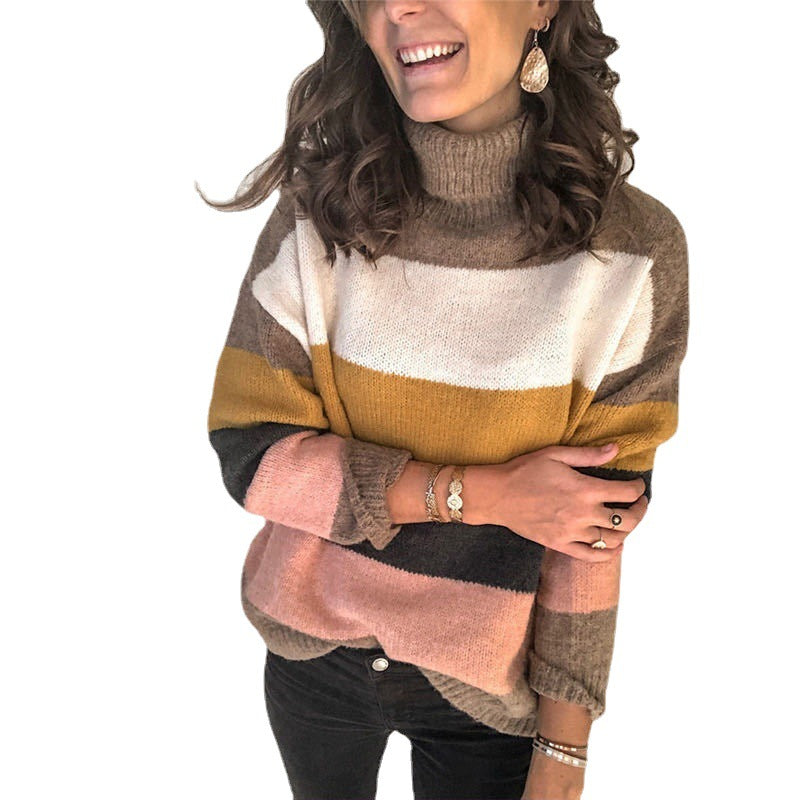 Damen Oversize Rollkragenpullover mit breiten Blockstreifen und weichem Strick Drune