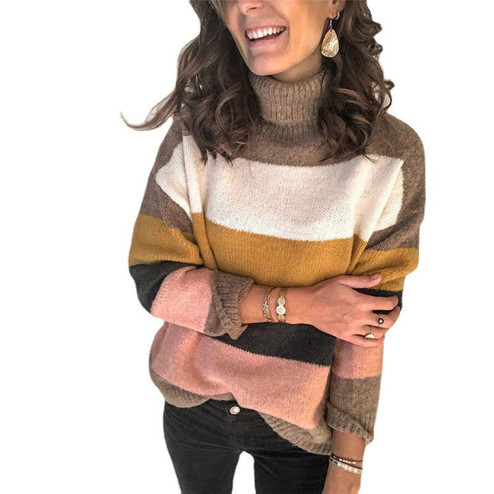 Damen Oversize Rollkragenpullover mit breiten Blockstreifen und weichem Strick Drune