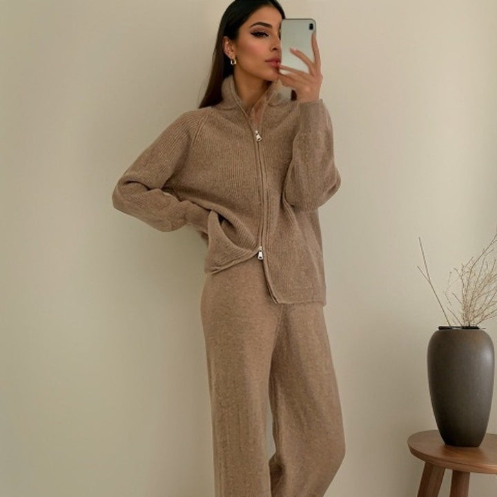 Damen Elegante Strickjacke mit Reißverschluss und passender Hose Drune