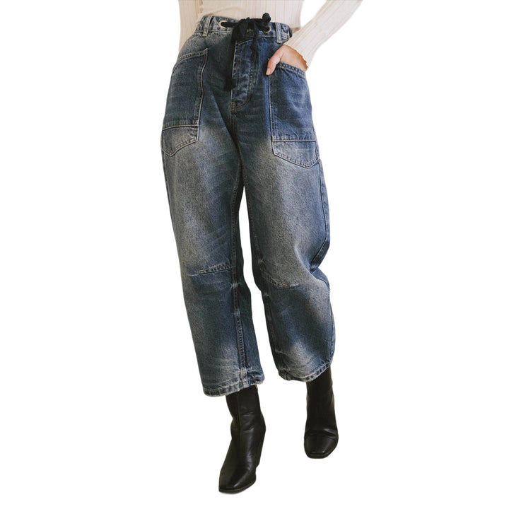 Damen nan lässige Cargo-Denim Culotte mit Kordelbund und großen aufgesetzten Taschen Drune