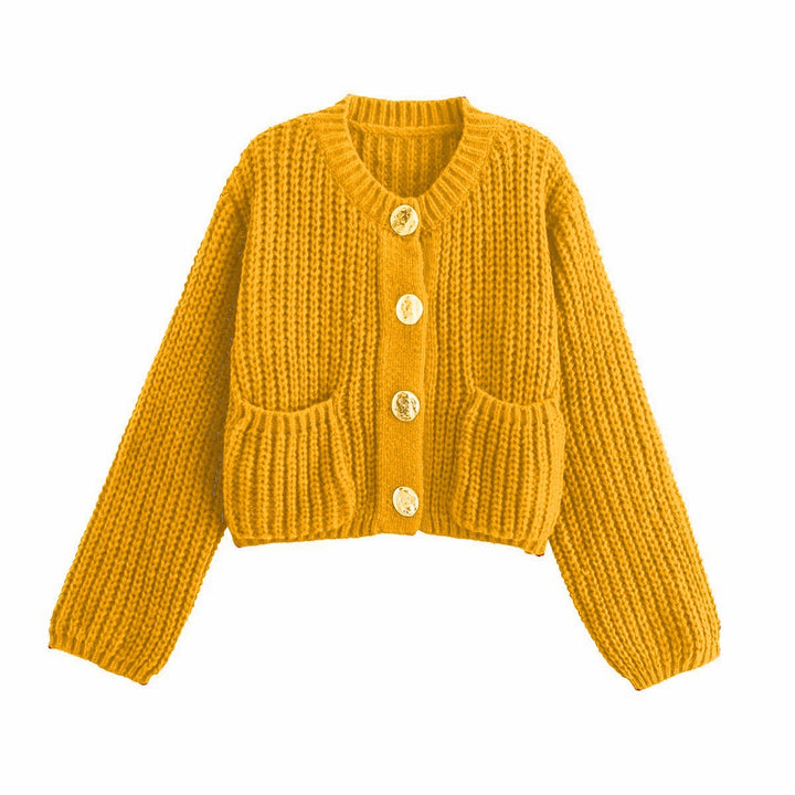 Damen Modische Strickjacke mit großen Knöpfen und praktischen Taschen Drune