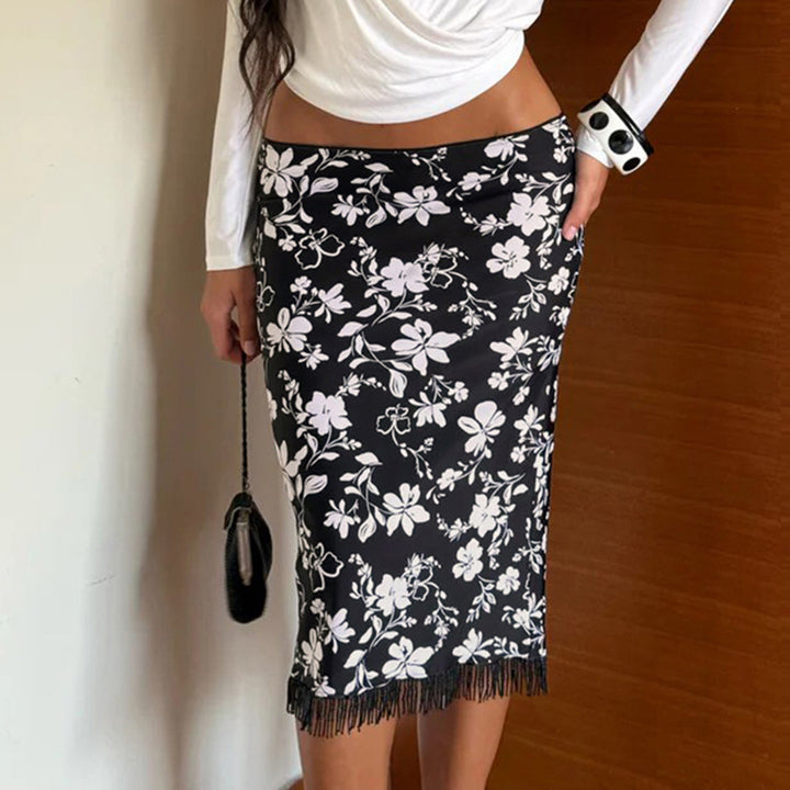 Damen Midirock Bleistiftrock mit floralem Print und Fransenbesatz Drune
