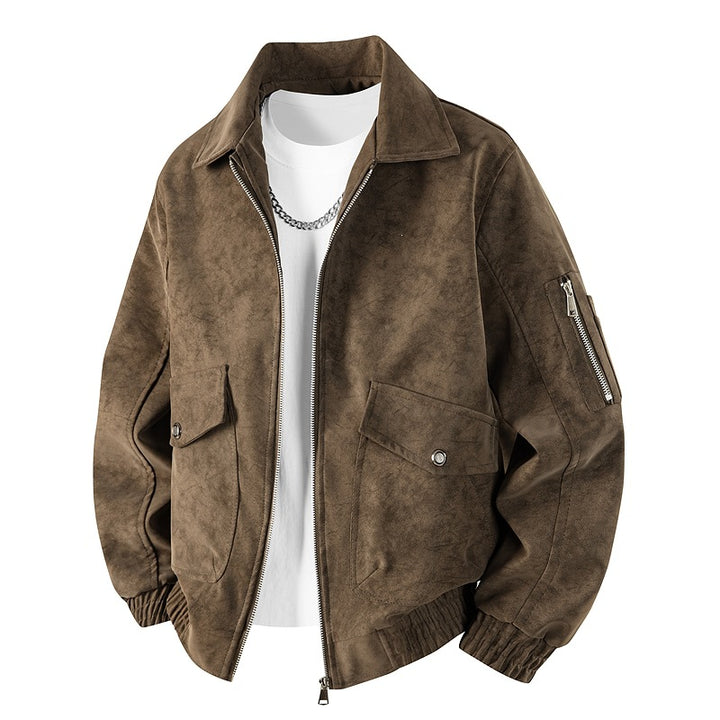 Herren Velourslederoptik Oversize-Bomberjacke mit Utility-Ärmeltasche & Pattentaschen Drune