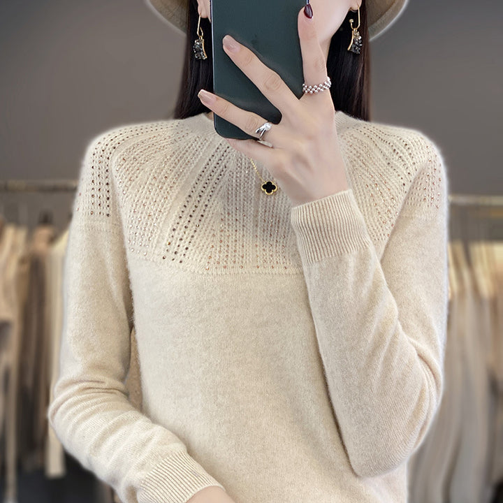 Damen Weicher Kaschmir‑Optik Feinstrickpullover mit Ajour‑Yoke und Paillettenbesatz Drune