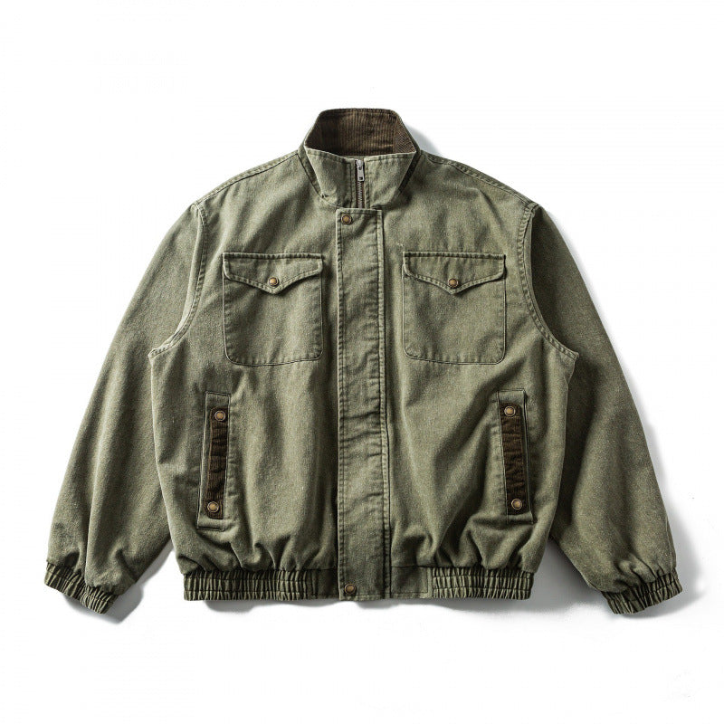 Herren Kastenförmige Canvas-Blousonjacke mit Cordbesatz, Stehkragen und elastischem Saum Drune
