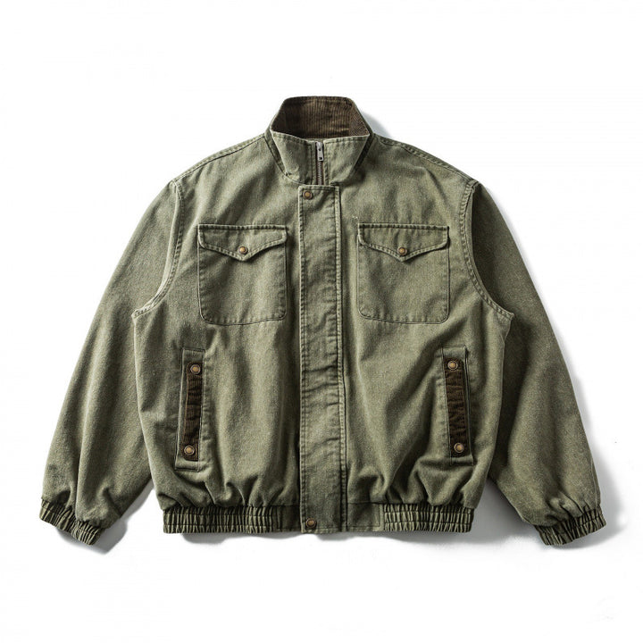 Herren Kastenförmige Canvas-Blousonjacke mit Cordbesatz, Stehkragen und elastischem Saum Drune