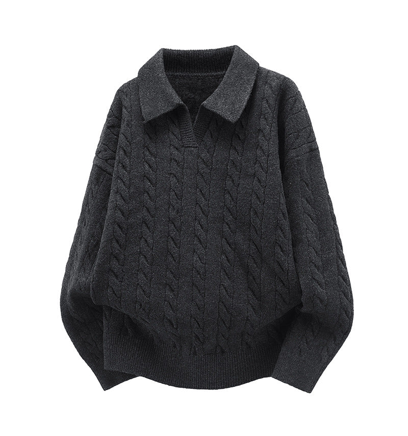Damen Oversize Kabelstrick-Polo-Pullover mit V‑Ausschnitt und geripptem Saum Drune