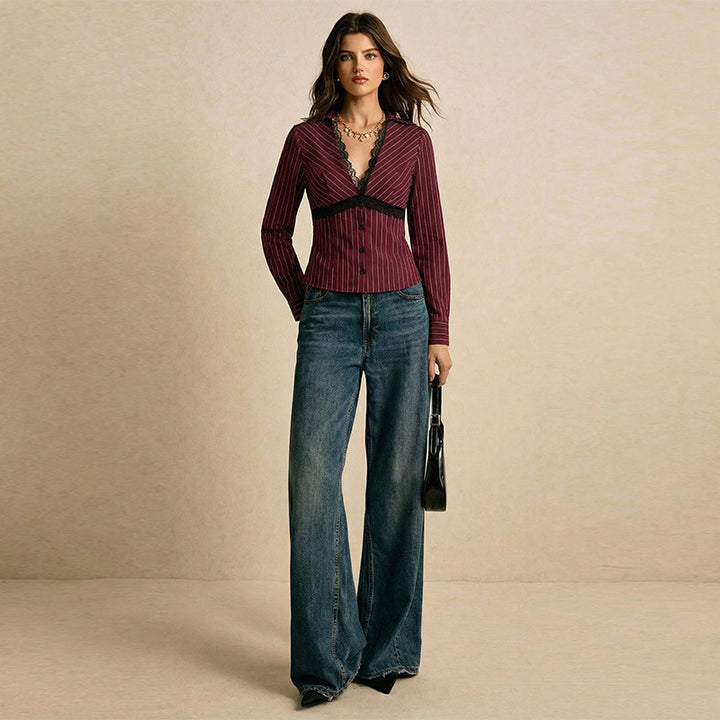 Damen Elegantes Blusenshirt mit Spitzen- und Streifenmuster Drune