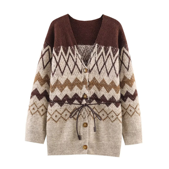 Damen Gemusterte Strickcardigan mit V-Ausschnitt, Knopfleiste und Taillenband Drune