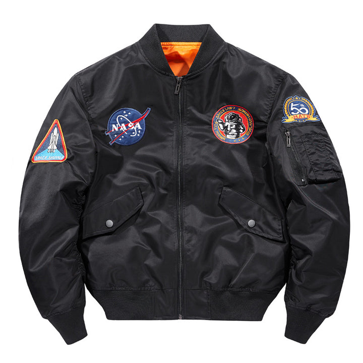 Men's  nylon flight-style bomber with embroidered space patches and contrast orange lining Drune