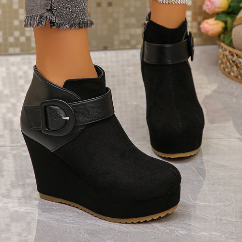 Damen Modische Wedge Stiefeletten mit Reißverschluss und Schnallen-Detail Drune