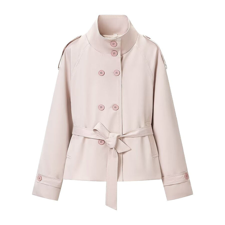 Damen Kurze zweireihige Trenchjacke mit hohem Stehkragen, Schulterklappen und Bindegürtel Drune