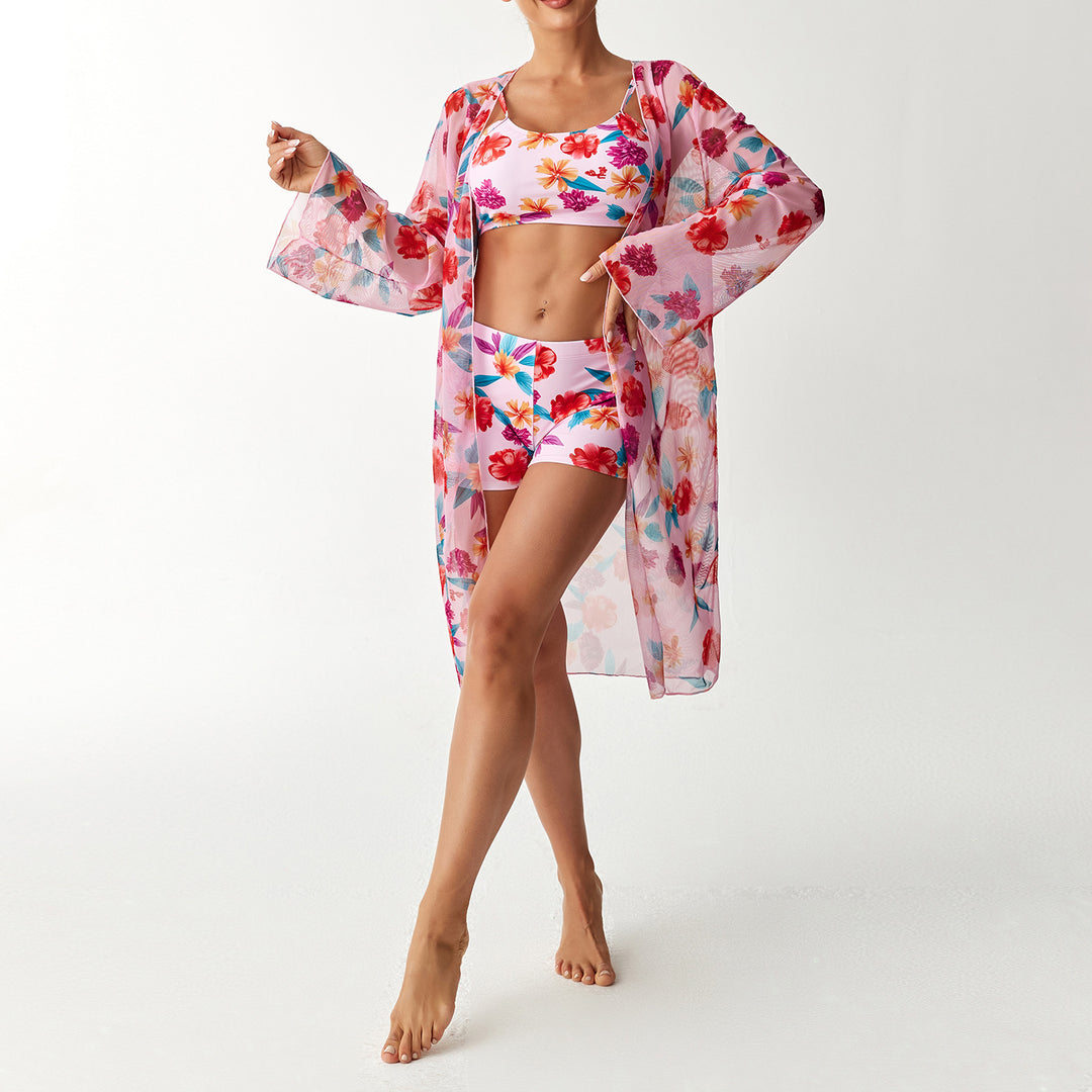 Damen Badeanzug Set mit floralem Oberteil und transparentem Strandüberwurf Drune