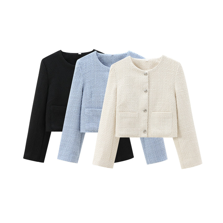 Damen elegante Kurzjacke im strukturierten Tweed-Stil mit praktischen Taschen Drune