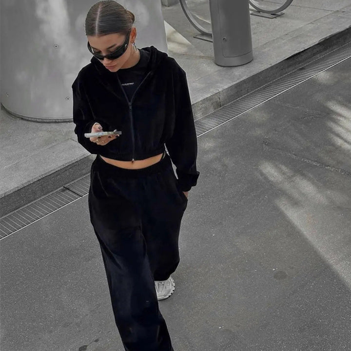 Damen Cropped-Samt-Trainingsset mit verkürzter Reißverschluss-Kapuzenjacke und fließender Palazzo-Jogginghose Drune