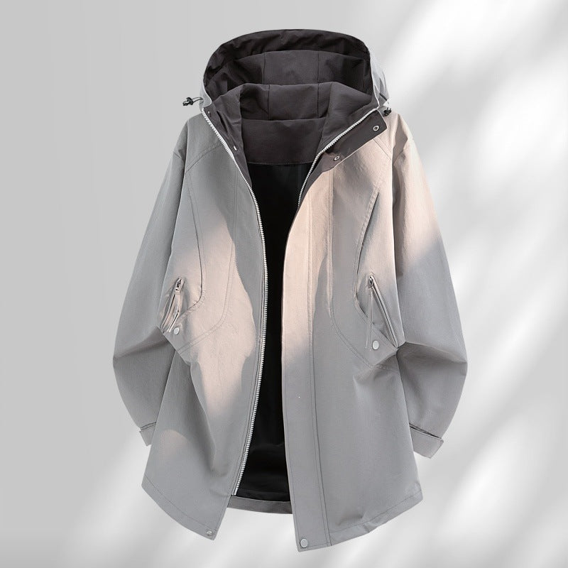 Herren Wasserabweisende Oversize-Utility-Übergangsjacke mit Kapuze und verdecktem Zwei-Wege-Reißverschluss Drune