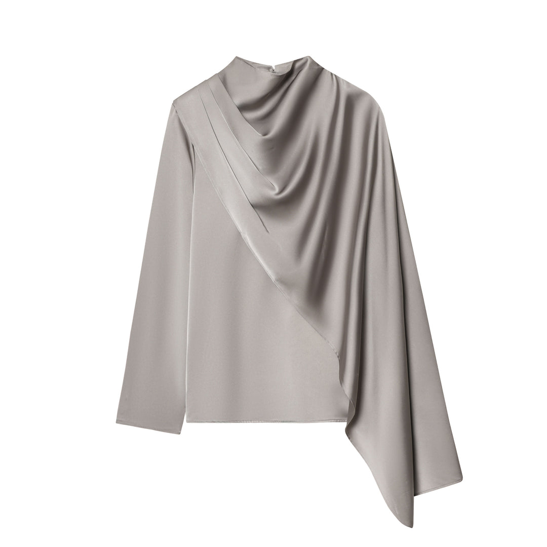 Damen nan asymmetrische Drapé-Bluse mit Wasserfallkragen und Einarm-Volant Drune