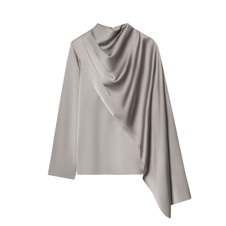 Damen nan asymmetrische Drapé-Bluse mit Wasserfallkragen und Einarm-Volant Drune