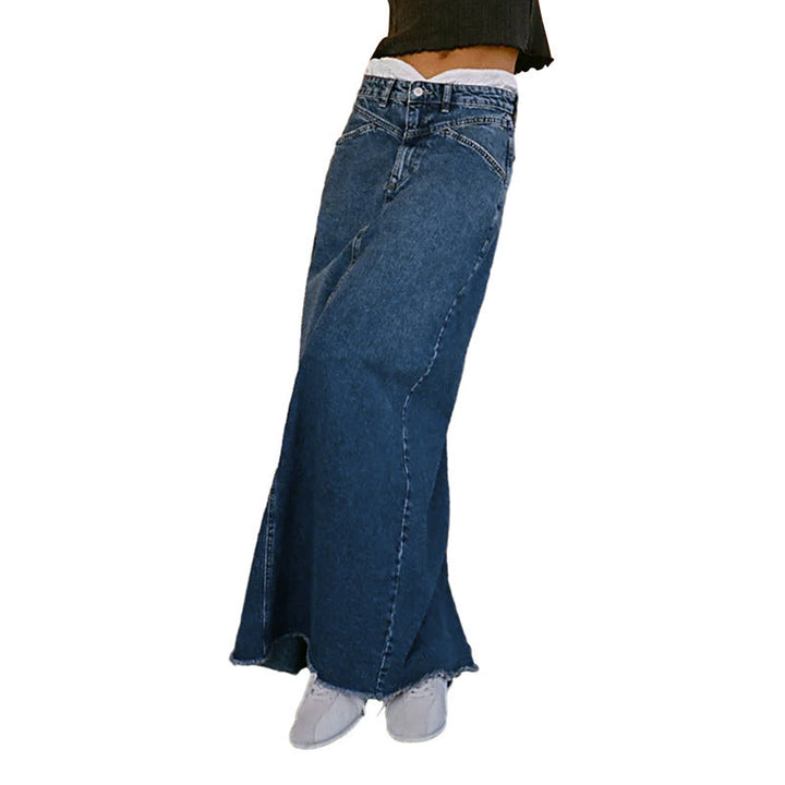 Damen Langer Denim-Rock mit hoher Taille und Taschen
