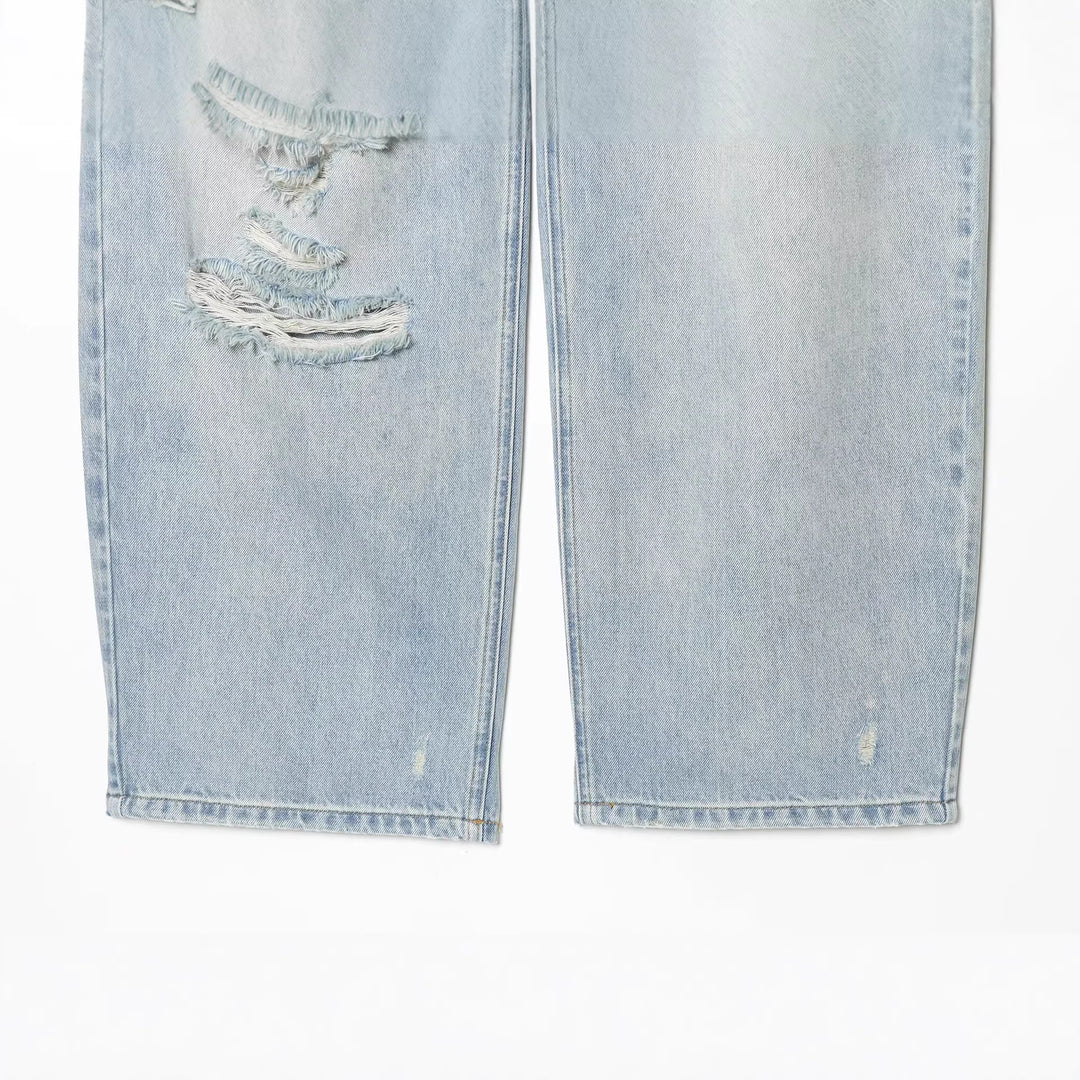 Damen High‑Waist Jeans mit weitem Bein, Destroyed‑Details und ausgefransten Knien Drune