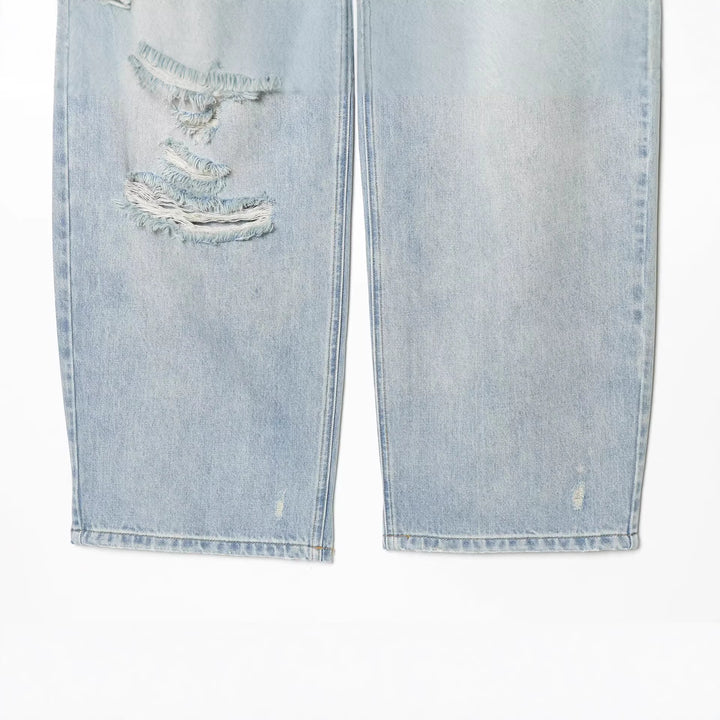 Damen High‑Waist Jeans mit weitem Bein, Destroyed‑Details und ausgefransten Knien Drune