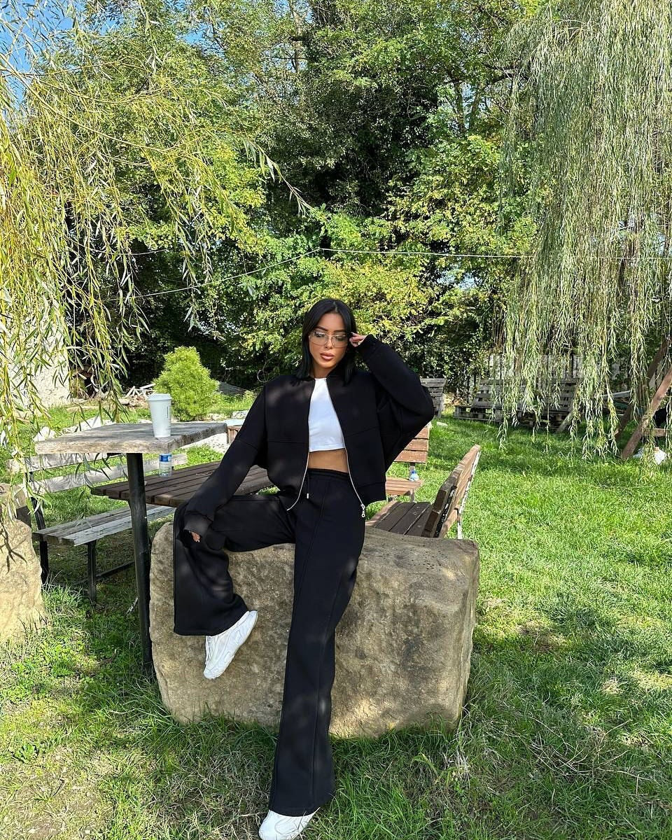 Damen Lässiges Zweiteiliges Lounge-Set mit weitem Oberteil und Flared Pants Drune