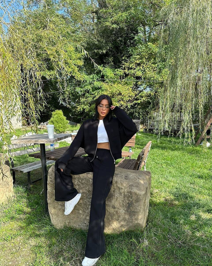 Damen Lässiges Zweiteiliges Lounge-Set mit weitem Oberteil und Flared Pants Drune