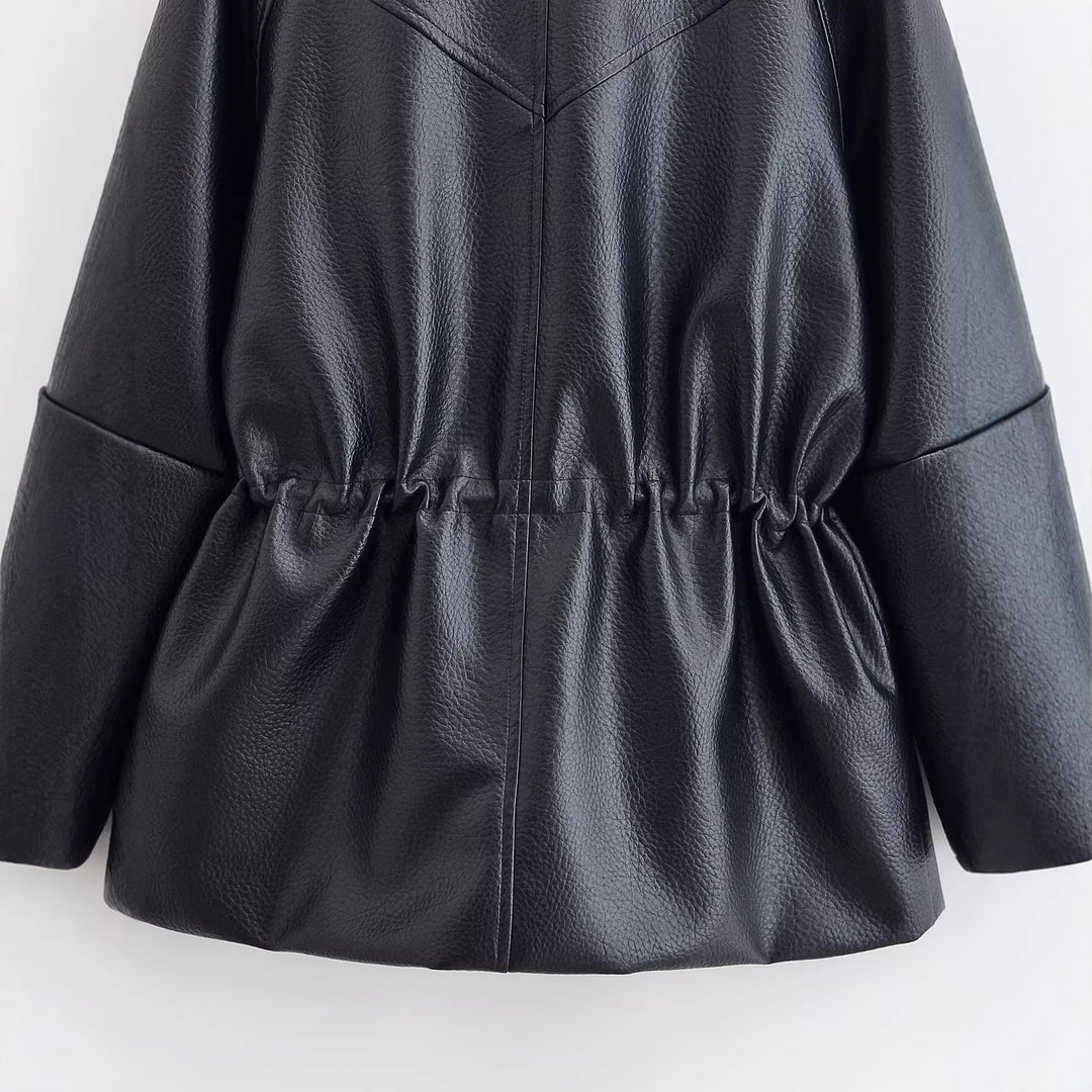 Damen Oversize Kunstlederjacke mit Stehkragen, Tunnelzug-Taille und aufgesetzten Taschen Drune