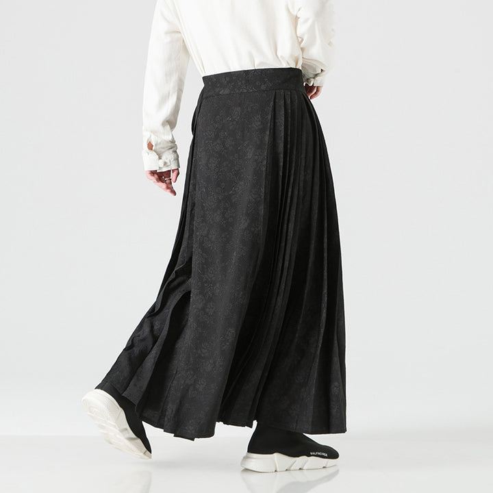 Damen nan Maxi-Rock mit breitem Taillenbund ornamentaler Bordüre und plissierten Falten Drune