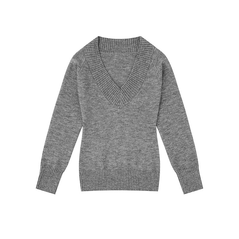 Damen Feinstrickpullover mit tiefem V-Ausschnitt, breitem Ripprand und legerer Passform Drune