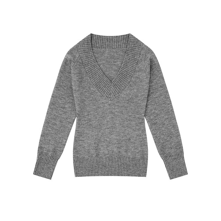 Damen Feinstrickpullover mit tiefem V-Ausschnitt, breitem Ripprand und legerer Passform Drune
