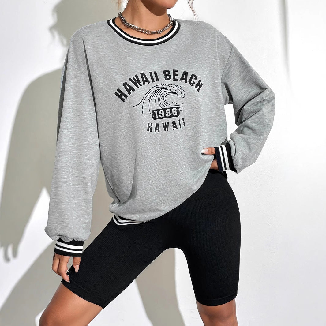 Damen lässiger Sweatshirt mit aufgedrucktem Hawaii-Motiv und überschnittenen Ärmeln Drune