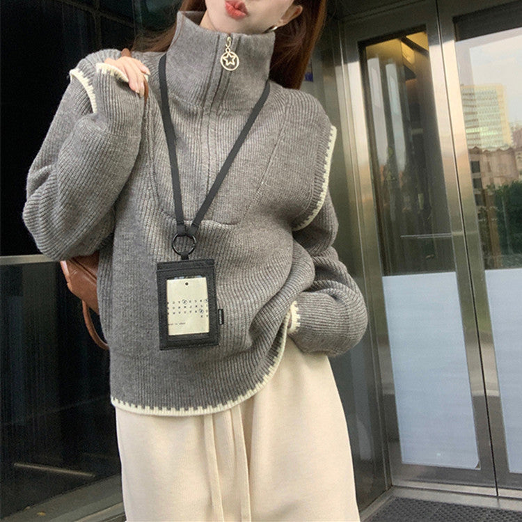 Damen modischer Pullover mit hochgeschlossenem Kragen und besonderen Ärmelabschlüssen Drune