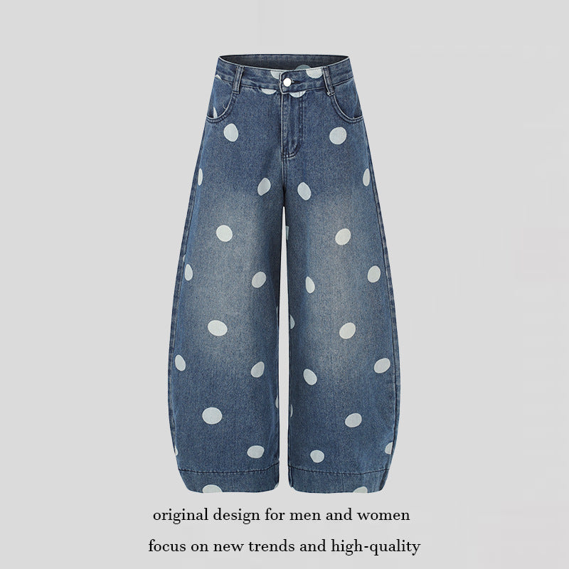 Damen Weite Jeans-Culotte im Palazzo-Stil mit hohem Bund und Punktmuster Drune