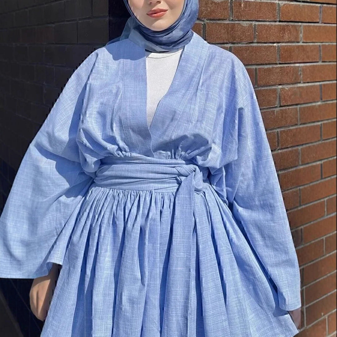 Damen Kimono-Wickelkleid in Leinenoptik mit weitem Rock und Bindegürtel Drune