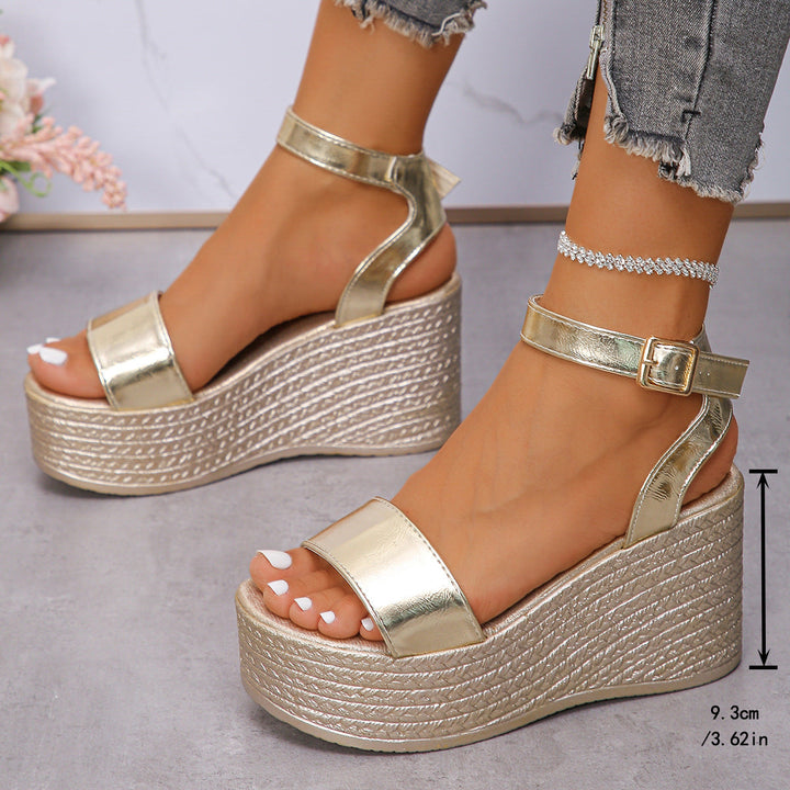 Damen Hochhackige Plateau-Sandalen mit verstellbarem Riemen und glanzvollem Finish Drune